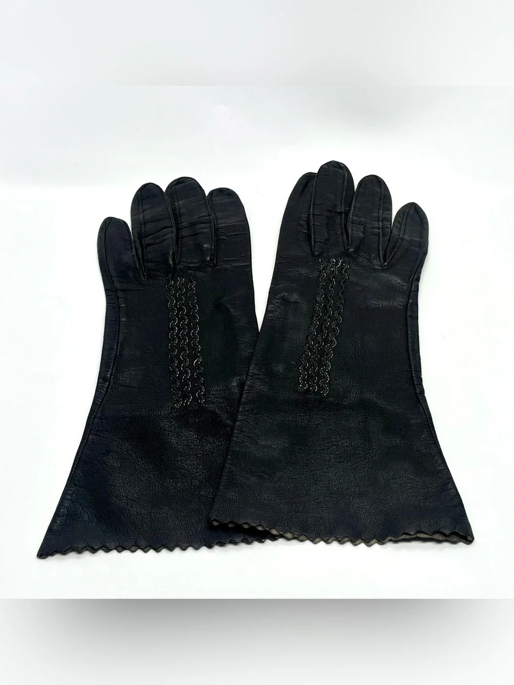 Vintage Mid Century Leather Gloves Lot 2 Pairs Black Ivory Cutout Openwork 1950s